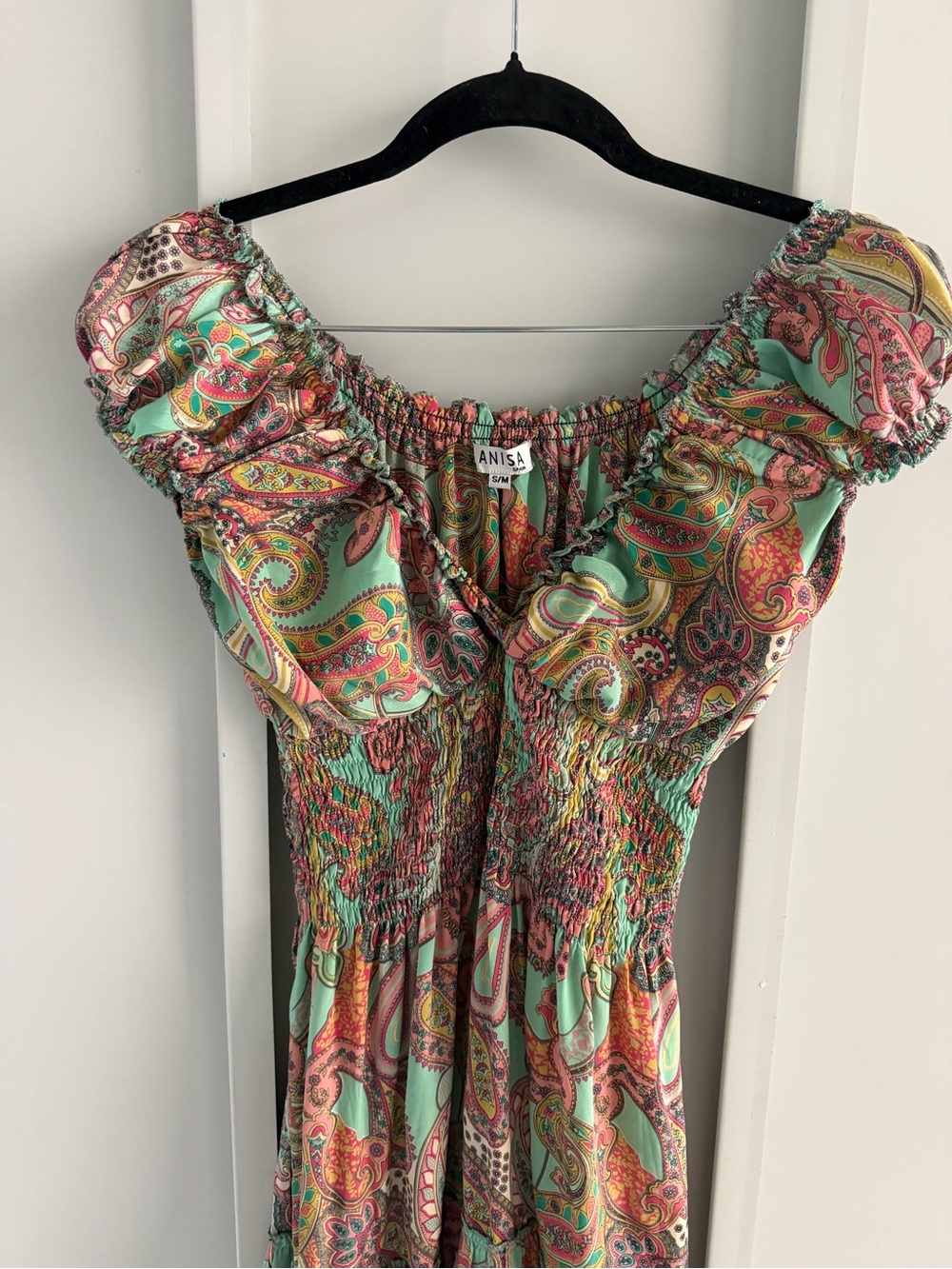 Anisa Spain Multi-Colored Green Orange Paisley Smocked Mini Dress - Size S/M - Picture 8 of 13
